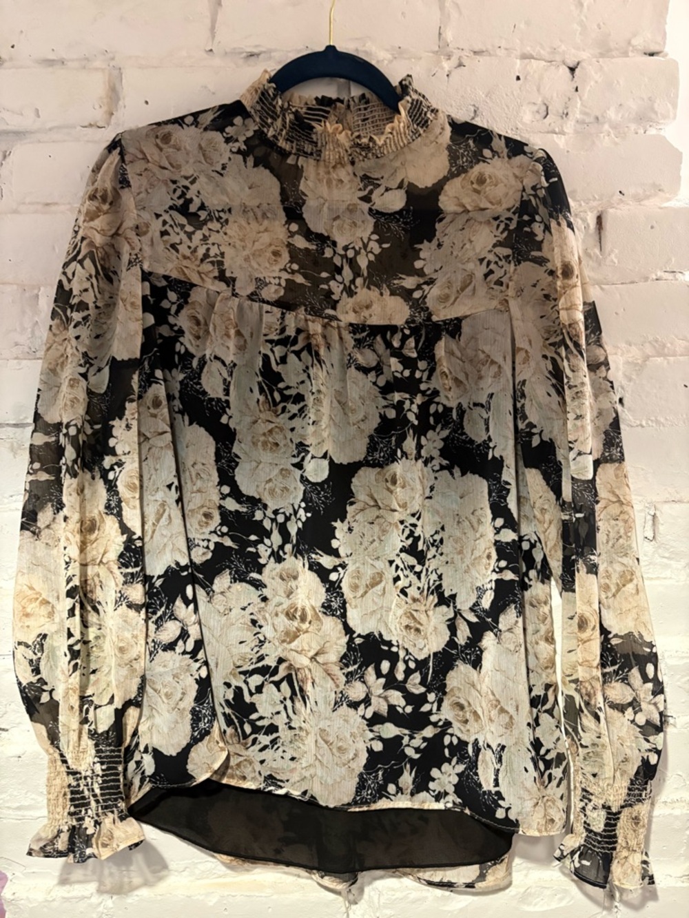 Sheer Floral Ruffle-Neck Blouse Veronica M - Black and Cream